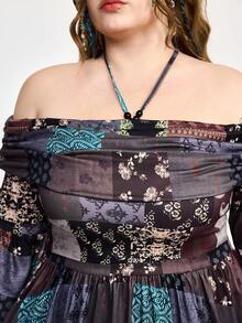 ROMWE Fairycore Vestido plus size Fairycore Mori Kei com bainha assimétrica, ombros à mostra, textura patchwork e estampa vintage; Vestido plus size Cottagecore Mori de manga comprida com decote halter e estampa patchwork.