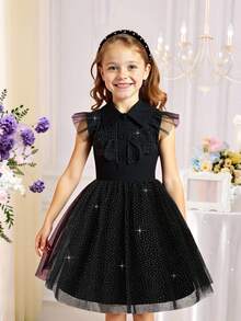 SHEIN Glamorique Kids 年轻女孩/年轻女孩的黑色翻领网眼连衣裙，深色风格适合万圣节、派对和日常穿着、场合穿着 - 黑色 - 查看 8