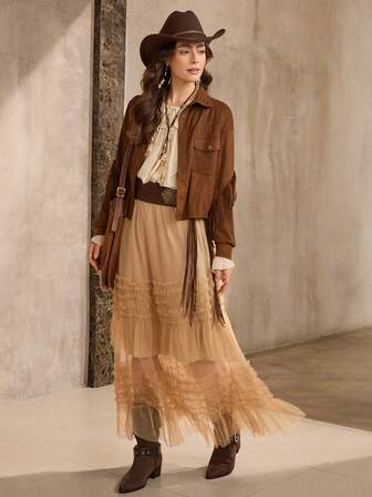 Wildy Chaqueta con flecos de ante marrón de estilo occidental y casual americano