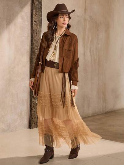 Wildy 美国西部乡村休闲绒面棕色流苏夹克