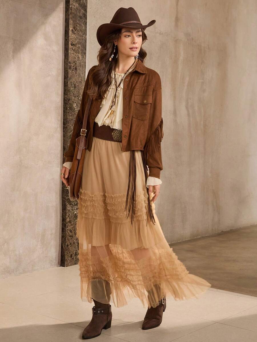 Wildy 美国西部乡村休闲绒面棕色流苏夹克