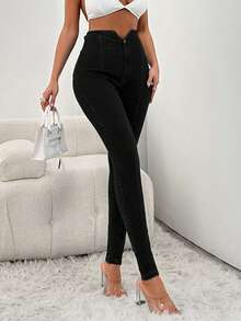 SHEIN Tall 97% Cotton Women's High Waist Slim Fit Denim Jeans With A Slit - Black - View 6