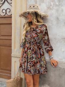 SHEIN VCAY 全身印花系带休闲度假长袖连衣裙