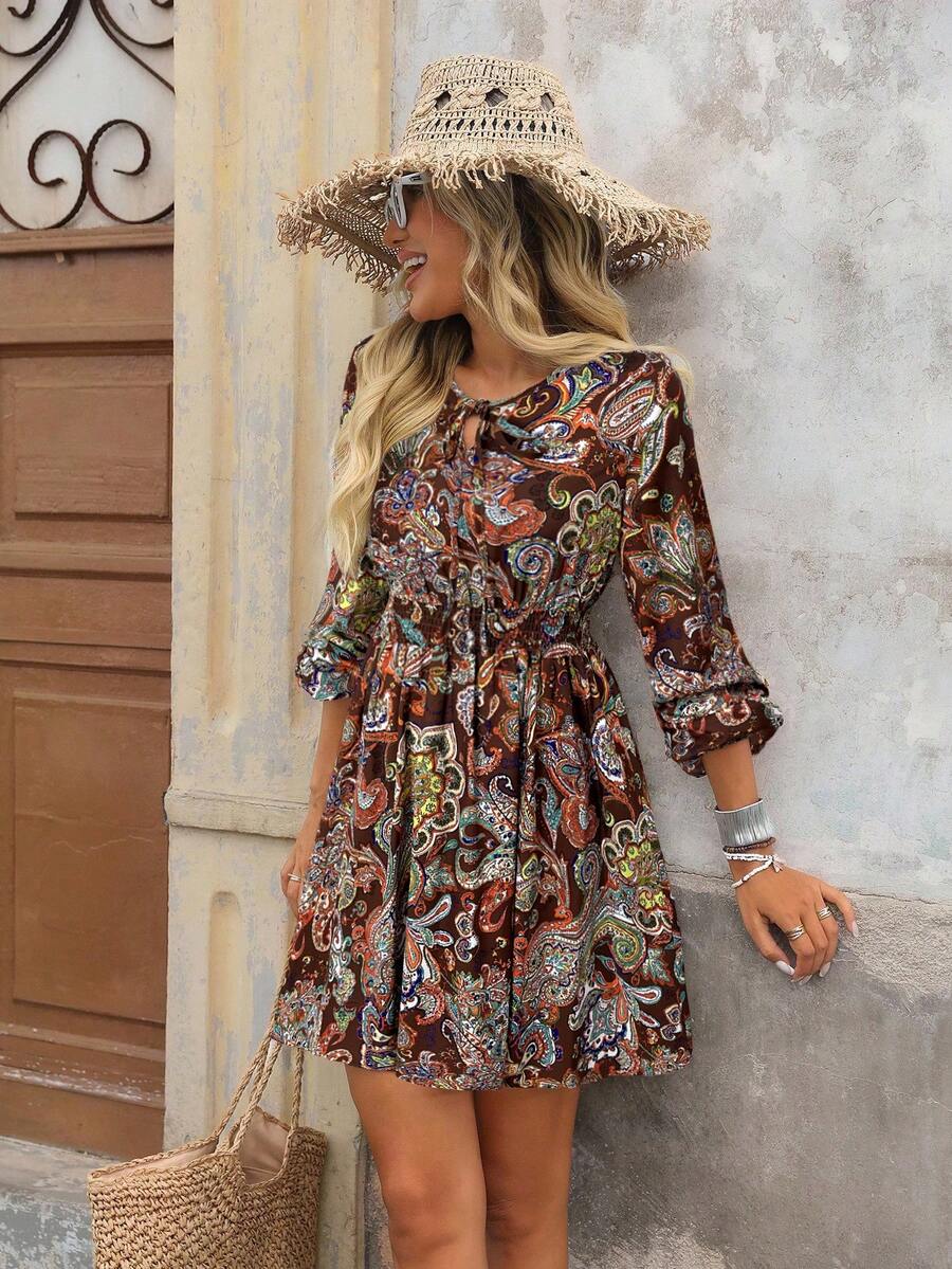 SHEIN VCAY 全身印花系带休闲度假长袖连衣裙