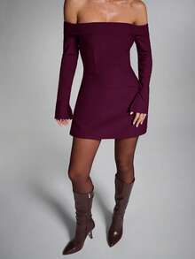 SHEIN BAE 女式纯色露肩喇叭袖时尚连衣裙 - 中紫紅色 - 查看 3