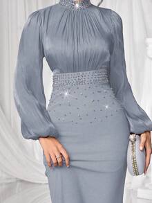 Coutiva 奢华晚礼服，立领长袖水钻装饰优雅礼服 - 霧霾藍 - 查看 6