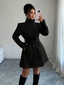 Elenzga 女士立领单排扣收腰中长款大衣 - 黑色 - 查看 4