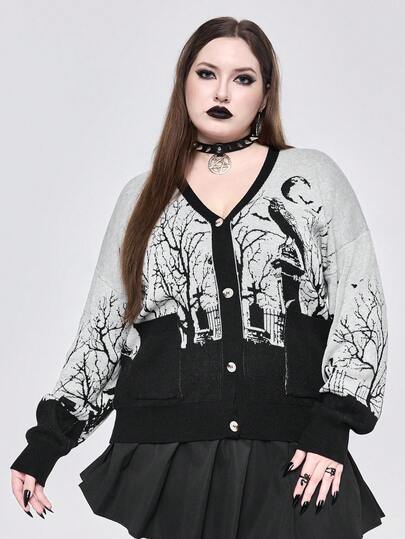 Goth Suéter/Cardigan de mujer de talla grande, cuello alto, estilo gótico oscuro, con estampado jacquard de luna, murciélagos y ramas en un cementerio, mangas de linterna negra