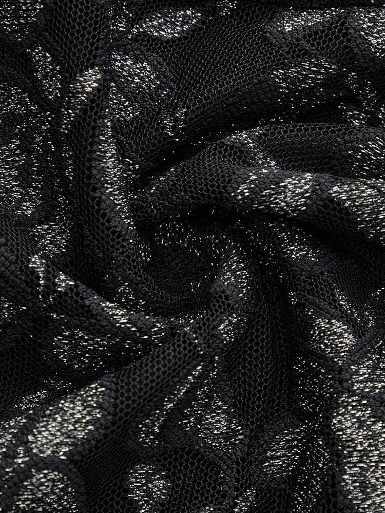 Falda midi ajustada negra de encaje floral metálico elegante para fiesta, otoño e invierno