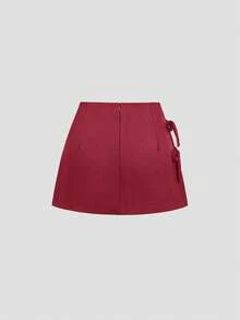 Sweetra Rok Mini Wanita Model A-Line Seksi dengan Pita dan Belahan Samping untuk Musim Semi/Panas - Merah - View 2