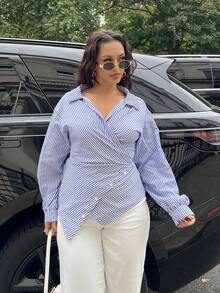 女士条纹印花纽扣前衬衫，不对称下摆，蝙蝠袖，裹身衬衫，秋装，长袖，冬装，优雅，日常通勤，外出，休闲，长袖上衣 - 寶藍色 - 查看 5