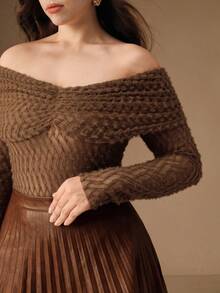 Anewsta High Quality Plus Size Women's Fashionable Sexy Fuzzy Off Shoulder Long Sleeve Top - Brown - View 1