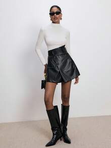 ATUI Studio Damen einfacher und modischer Pendler-Party Retro Allround Schwarzer PU asymmetrischer Wickelrock, Winter, Weihnachtsparty, Silvester, Silvester-Look, Party, Thanksgiving, mühelos eleganter Grundbaustein, vielseitige Business-Kleidung, Old Money Ästhetik