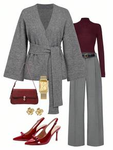 Ellevyn كارديجان كاجوال أحادي اللون للمقاسات الكبيرة، كارديجان محبوك للشتاء للمقاسات الكبيرة، كارديجان صوفي رمادي، بتصميم ربطة، كارديجان عيد الميلاد، ملابس عيد الميلاد والعام الجديد، للمكتب، المواعيد، التنقل - رمادي فاتح - مشاهدة 1