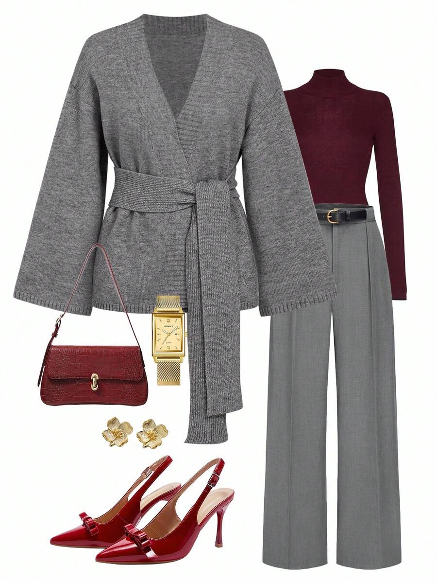 Ellevyn كارديجان كاجوال أحادي اللون للمقاسات الكبيرة، كارديجان محبوك للشتاء للمقاسات الكبيرة، كارديجان صوفي رمادي، بتصميم ربطة، كارديجان عيد الميلاد، ملابس عيد الميلاد والعام الجديد، للمكتب، المواعيد، التنقل - رمادي فاتح - مشاهدة 1