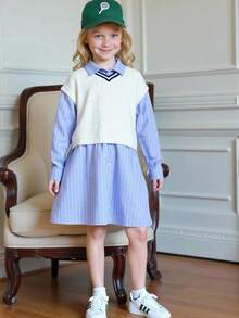 Joliand Joliand 1pc Tween Girls Elegant College Style Casual Blue And White Stripe 2 In 1 Shirt Dress,White Ribbed V-Neck Sweater Vest,Autumn School Back-To-School - Multicolor - View 9