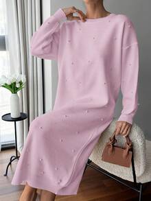 EURMUSE Women Solid Color Round Neck Pearl Detailed Long Sweater Dress - Baby Pink - View 9