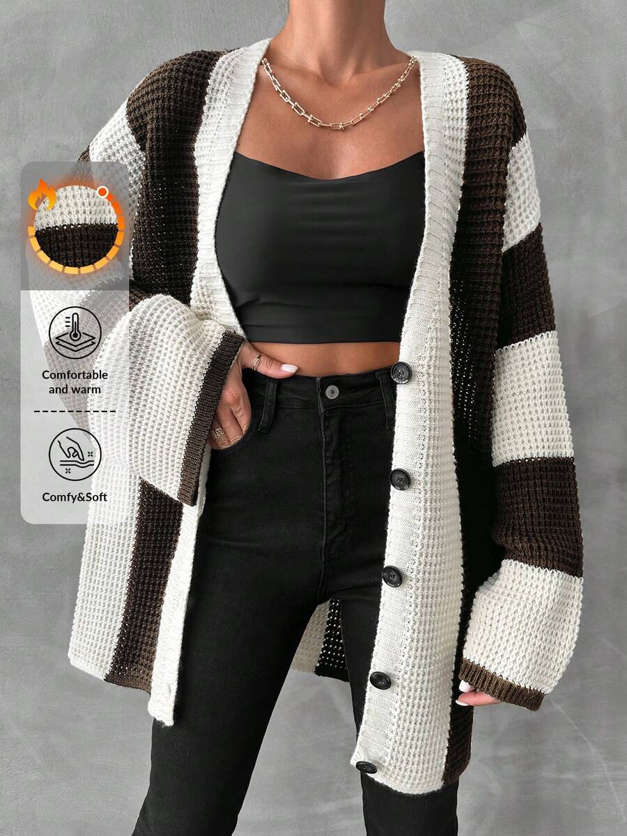 SHEIN Chaqueta De Manga Acampanada De Colores Contrastantes Para Mujer Sin Cinturón - Marrón Chocolate - Ver 1