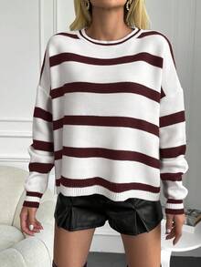 SHEIN Cottnline 女士条纹圆领落肩长袖休闲宽松毛衣，秋冬 - 酒紅色 - 查看 5