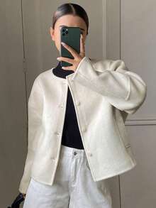 DAZY 女士圆领短款休闲羊毛混纺外套，时尚秋冬女式外套 - 米色 - 查看 3