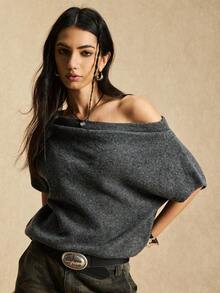 Easelle 休闲复古游牧风不对称褶皱设计叠层女式上衣 灰色露肩上衣 灰色露肩毛衣 不对称肩部上衣 毛衣上衣 - 灰色 - 查看 7
