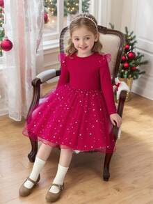 Vestido de malla con estampado de estrellas y mangas cortas para niñas, para primavera/otoño