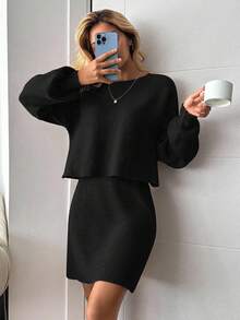 EURMUSE Women's Round Neck Solid Color Sweater And Skirt Two Piece Set - Black - View 5