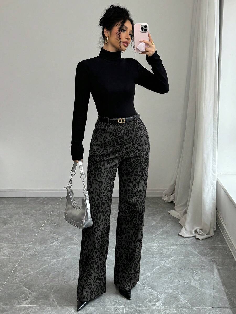 Airlisse 豹纹直筒裤，休闲高腰宽松阔腿工装裤 - 深灰色 - 查看 1