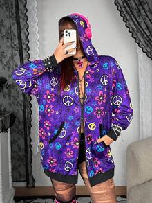 Flirla Grunge Punk Plus Size Punk Pentagram Print Long Sweatshirt - Purple - View 7