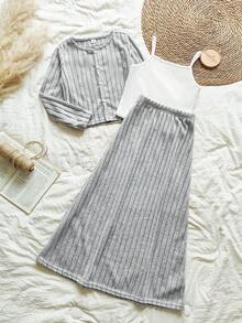 Vintaside Kids 3 件套休闲宽松纹理面料长袖上衣、吊带背心和 A 字裙套装，适合少女 - 淺灰色 - 查看 8