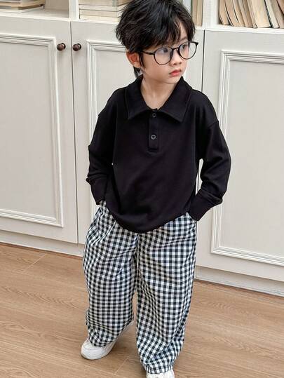 Genkimix Kids 2 件套男童羊毛混纺长袖上衣和格子工装裤套装，袖口纽扣设计方便，秋冬保暖，适合运动、户外、上学