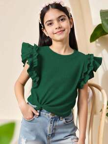 SHEIN Tween 女童休闲可爱盖袖绿色简约 T 恤 - 綠色 - 查看 7