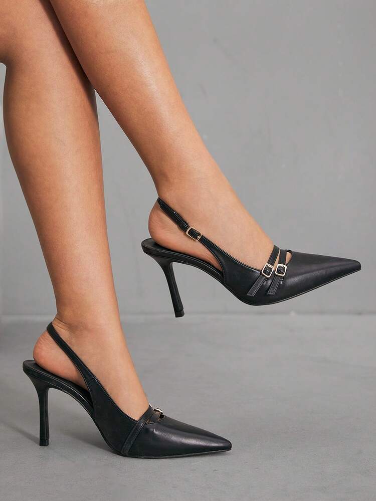 CUCCOO SZL Black PU Leather Gold Buckle Fashionable Elegant Business Pointed Toe High Heel Pumps