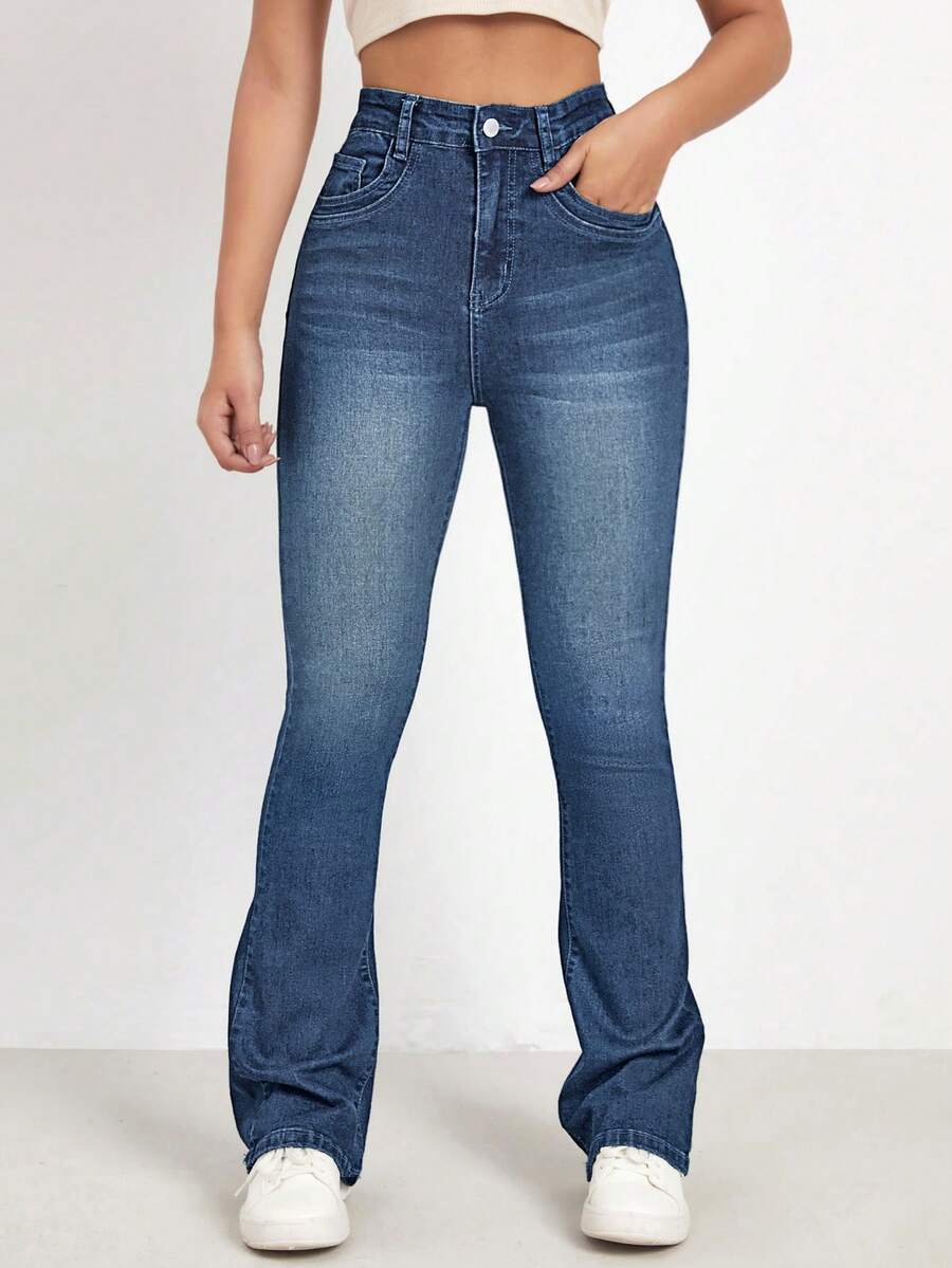 Flexra 水洗牛仔蓝色高腰漂白水洗喇叭腿牛仔裤 - 中等水洗藍 - 查看 1