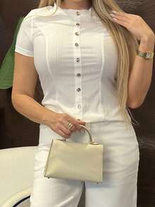 女式纯色圆领短袖罗纹针织上衣 - 白色 - 查看 3