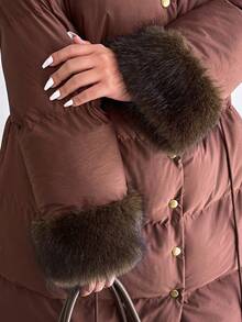 Elenzga Casaco Longo Acolchoado com Colarinho de Pele, Cintura com Cordão, Retalhos, Casual Plus Size, Outono/Inverno