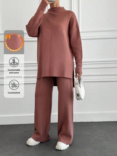 EURMUSE Solid Color Turtleneck Long Sleeve Casual Sweater 2pcs/Set