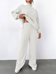 EURMUSE Women's Solid Color Ribbed Turtleneck Zip-Up Long Sleeve Top And Pants Sweater Set - White - View 4