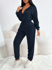 Zolique Solid Color Hooded Zip-Up Long Sleeve Jumpsuit With Drawstring - Navy Blue - View 3