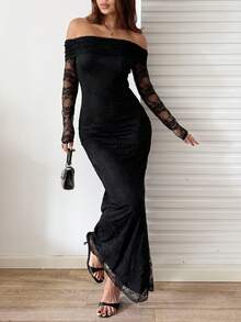 Sunnyshic Elegant Solid Color Lace Off-Shoulder Wedding Christmas Party Dress - Black - View 6