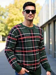 Manfinity Homme Men's Casual Plaid Crew Neck Sweater, Autumn/Winter - Multicolor - View 4