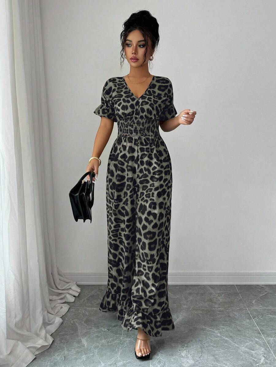 Elenzga Women's Leopard Print Shirred Short Sleeve Drawstring Waist Wide Leg Casual Jumpsuit - Grey - View 1