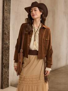 Wildy 美国西部乡村休闲绒面棕色流苏夹克