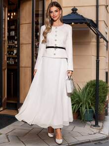 Amorya Women's Elegant Crew Neck Cardigan & Chiffon Skirt 2 Piece Set, Suitable For Daily & Occasion Wear, Autumn White Elegant Dress Women Long Sleeve Elegant Dress White Modest Dress White Skirt Set White Abaya Elegant Women's Set , Women Autumn Winter  Maija Fall Winter 2025 Women Maija - White - View 4