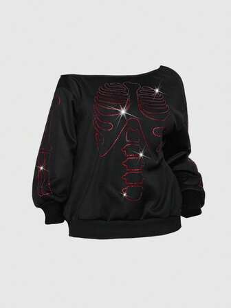 Große Größen Damen Gothic Totenkopf Strass Dekor Schräg Schulter Sweatshirt, thermisch gefüttert für Weihnachten