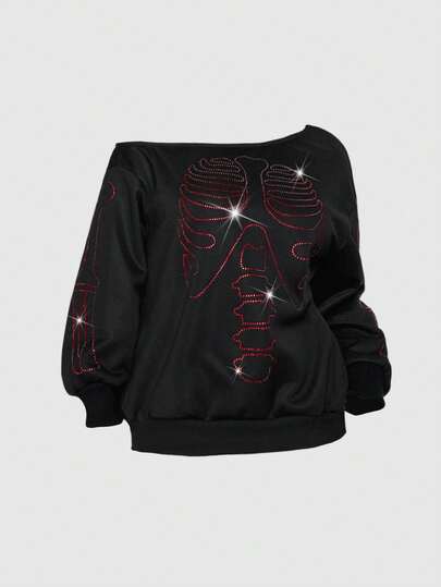 Plus Size Women Gothic Skull Rhinestone Decor Oblique Shoulder Sweatshirt, Thermal Lined For Christmas