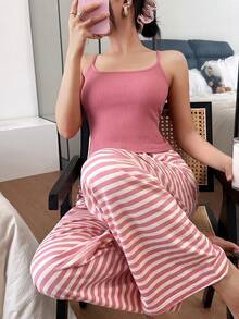 SHEIN 女式休闲条纹裤配蝴蝶结装饰吊带、家居服套装 - 粉色 - 查看 7