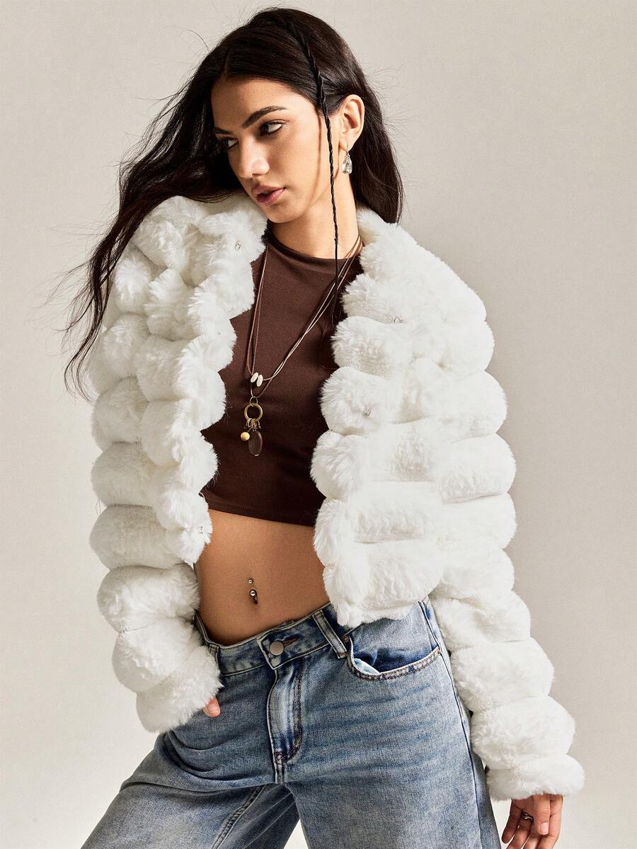 Easelle 白领优雅长袖仿皮草夹克，秋冬 - 白色 - 查看 1