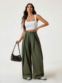SHEIN Tall Quần dài xanh quân đội cổ điển thường ngày phong cách Hippie mùa hè cỡ lớn cho nữ - xanh quân đội - Xem 5
