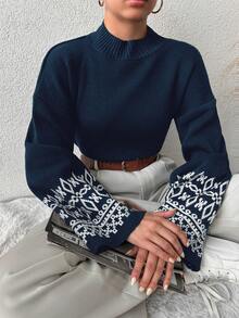 EURMUSE Femme Pull décontracté à motif géométrique avec épaules tombantes pour l'automne/l'hiver - Bleu marine - Voir 6